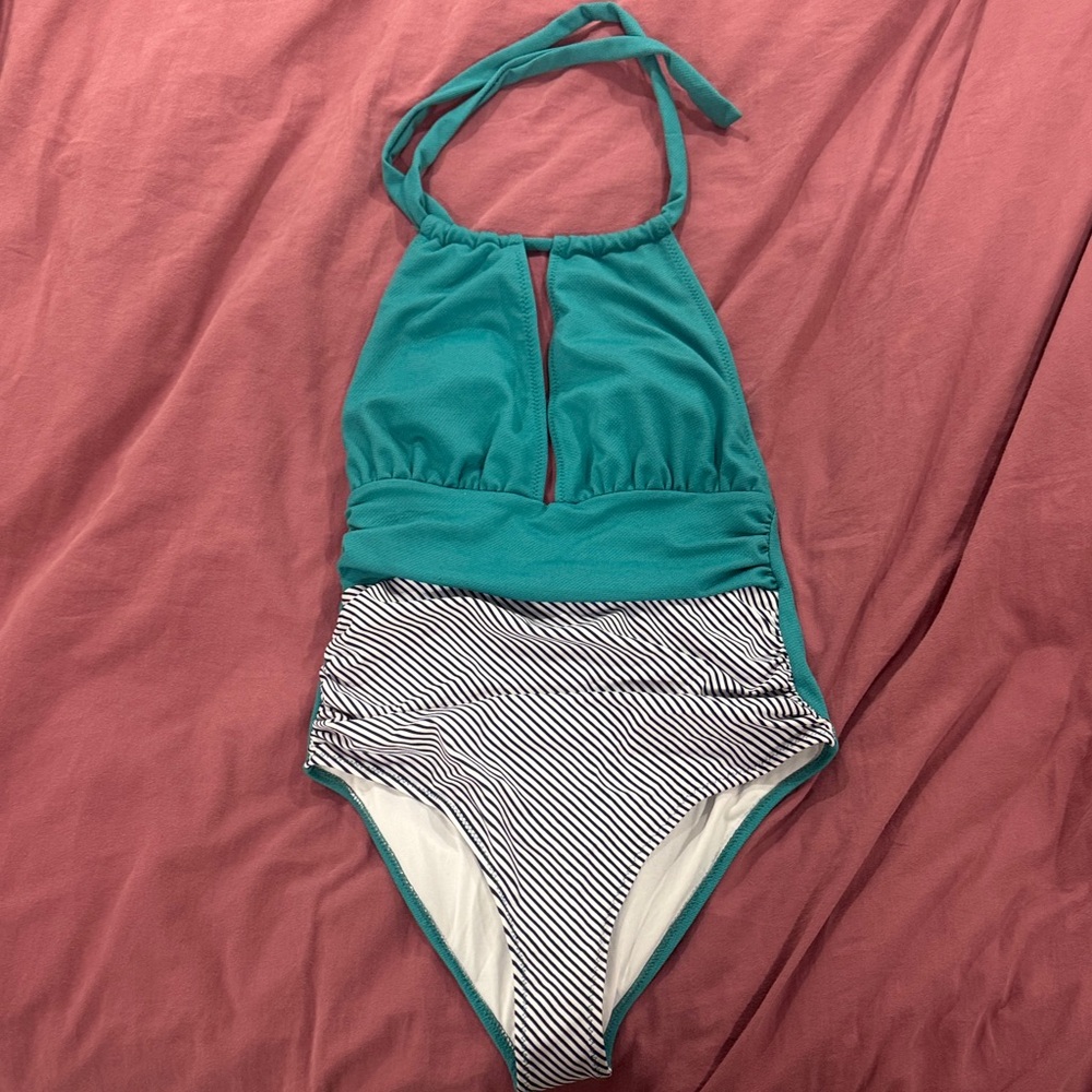 Teal and White Striped Women One Piece Swimsuit